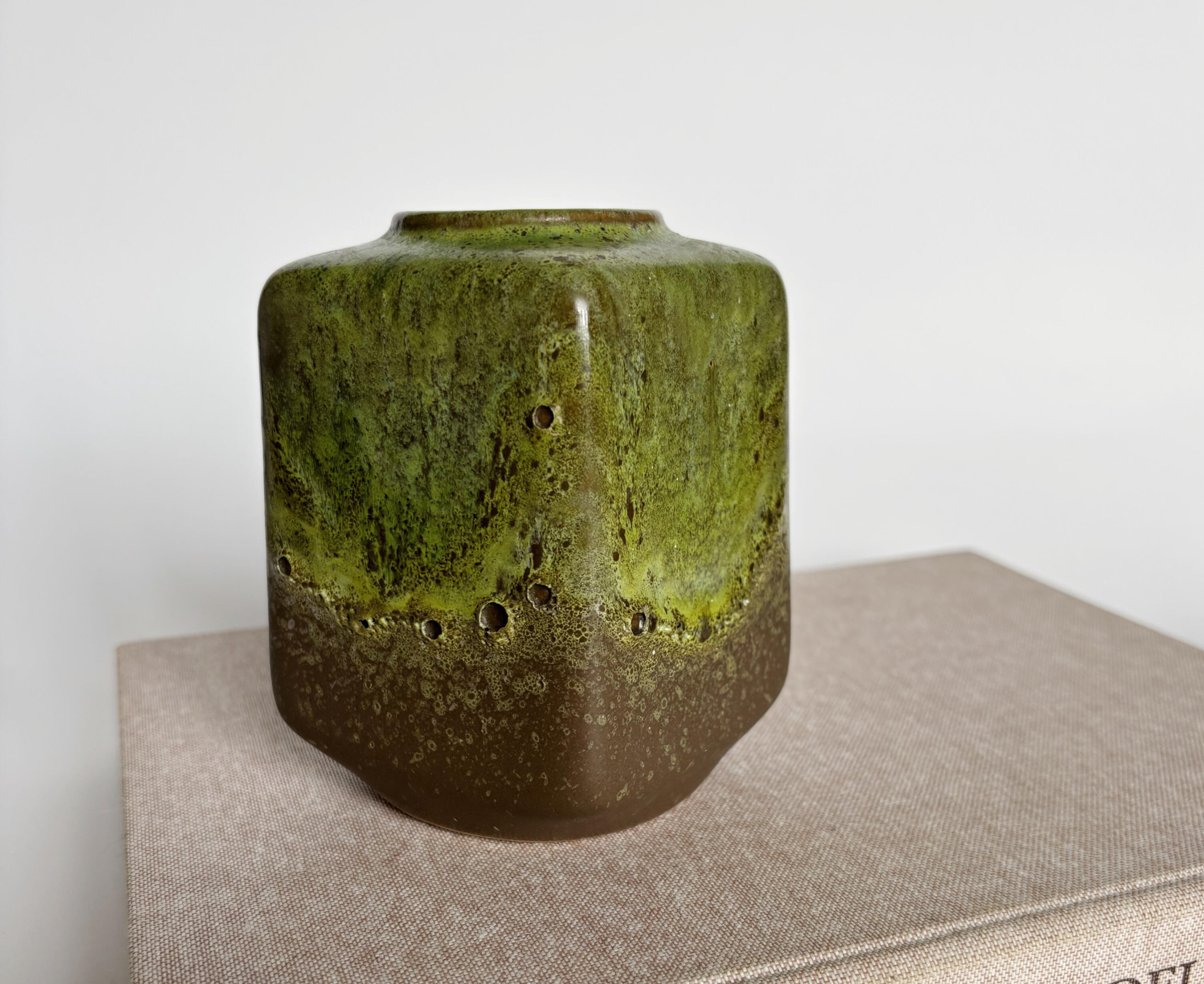 Strehla Keramik Square Vase Mid Century Ceramic Green Fat Lava Vase square rounded shape, featuring a green textured glaze that fades into a brown base